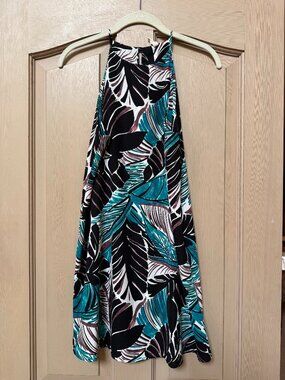 Tyche Tropical Print Halter Dress Small | Teal Palm Leaf Swing Summer Vacation